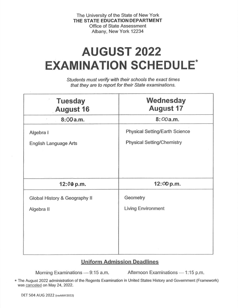 August 2022 Examination Schedule Rome City School District